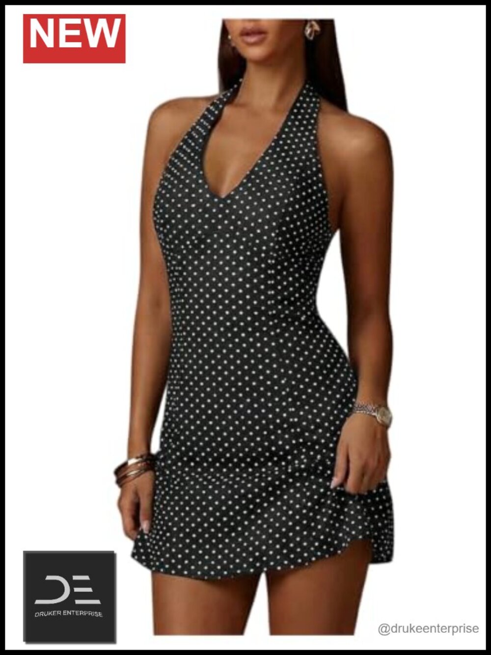 Polka Dot Halter Mini Dress Backless V Neck A Line Bodycon